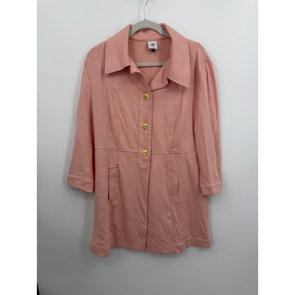Cabi‎ take five topper Jacket sz L Pink Micro Check Gold Button 3/4 Sleeve 6023